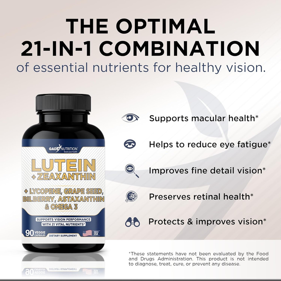 Gade Nutrition Lutein And Zeaxanthin Supplements | Astaxanthin, Omega 3, Resveratrol, Bilberry, Lycopene, Quercetin, Ginkgo Biloba, Vitamin D - Eye Health Vitamins, Eye Support, Health Vision Formula