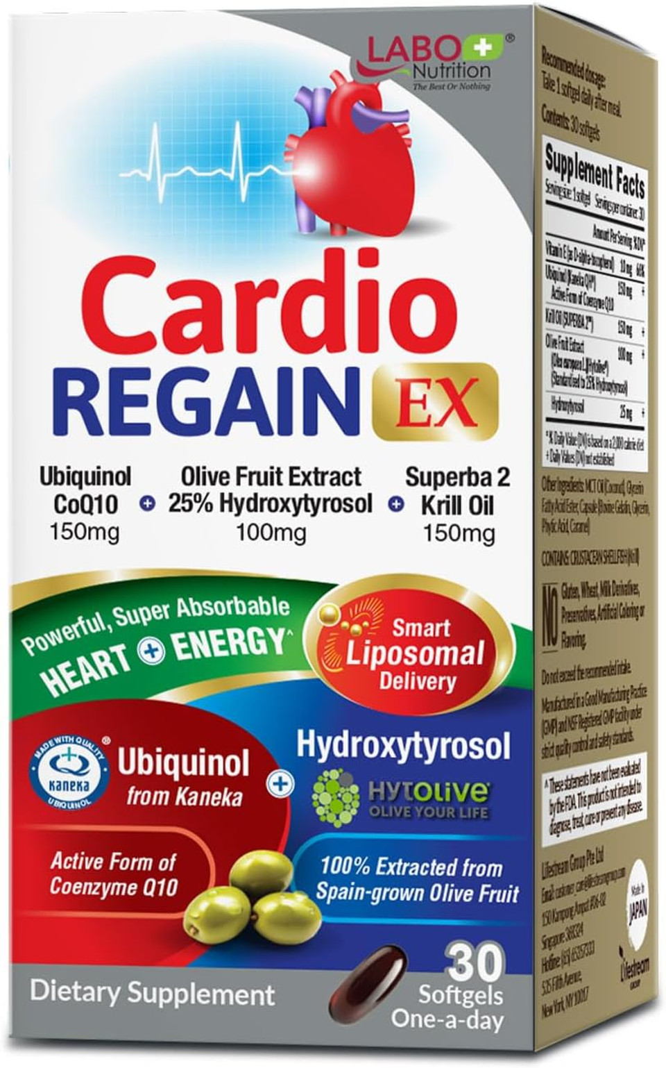 Labo Nutrition Cardioregain Ex  Ubiquinol Coq10 Supplement With Kaneka Qh 150Mg, Olive Fruit Extract (25% Hydroxytyrosol), Krill Oil  Heart, Cellular Energy, Liposomal Absorption, Non-Gmo, Soy-Free