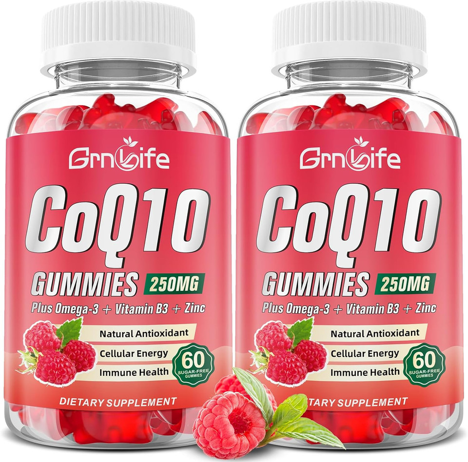 Sugar Free Coq10 Gummies, Coq10 250Mg, Plus Omega-3, Vitamin B3 & Zinc, High Absorption Coenzyme Q10 Supplements For Cellular Energy, Antioxidant, Raspberry Flavor, 60 Count