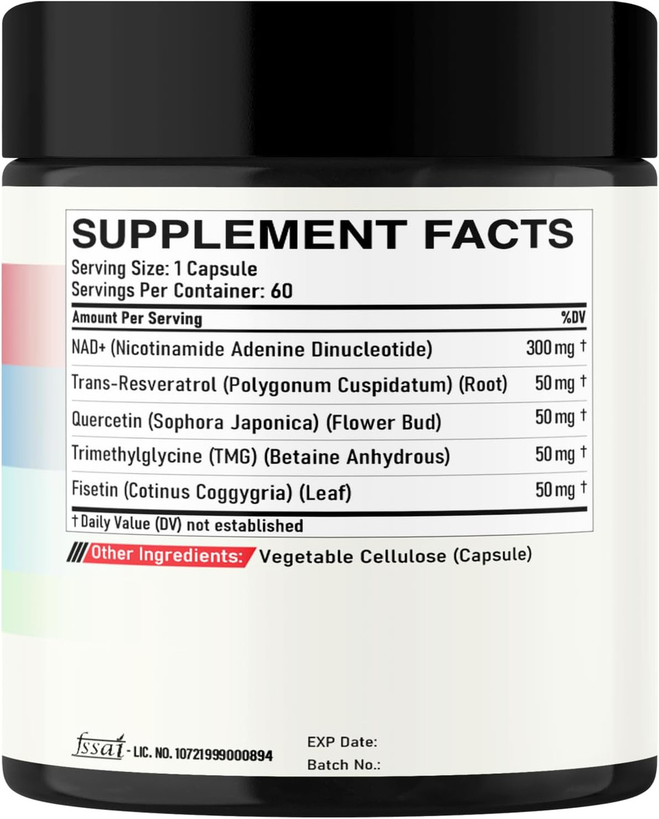 Nad+ Supplement 500Mg - Pure Nad Supplement - Combined To Fisetin, Tmg, Resveratrol And Quercetin - Energy And Dna Repair, Aging Defense, Brain Function - 60 Capsules