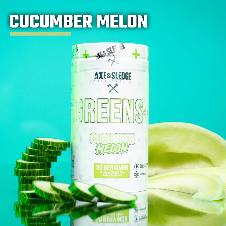 Axe & Sledge Greens+ Superfood Powder | Greens Juice, Probiotics, Digestive Enzymes, Ashwagandha, Coconut Water Powder | Naturally Flavored & Sweetened, 30 Servings, Plus V2 Cucumber Melon