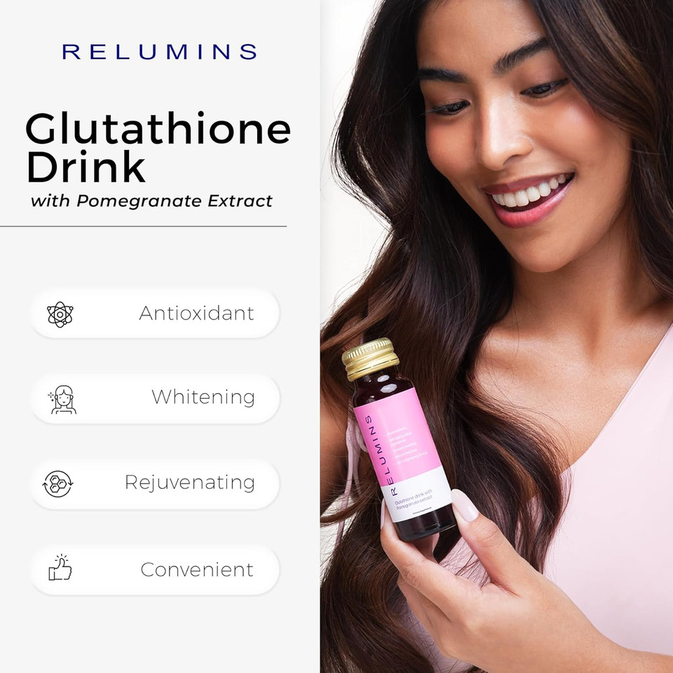 Relumins Glutathione Drink - Helps Promote Brighter And Firm Skin, Boosts Collagen Content, Moistures For A Younger Looking Skin - Pomegranate Flavor, 50Ml X 30 Gluta Shot Bottles