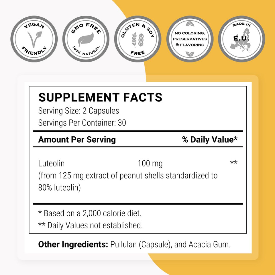 Supersmart - Luteolin 100Mg Per Day (80% Flavonoid) - Brain, Memory & Nervous System Support Supplement | Non-Gmo & Gluten Free - 60 Vegetarian Capsules