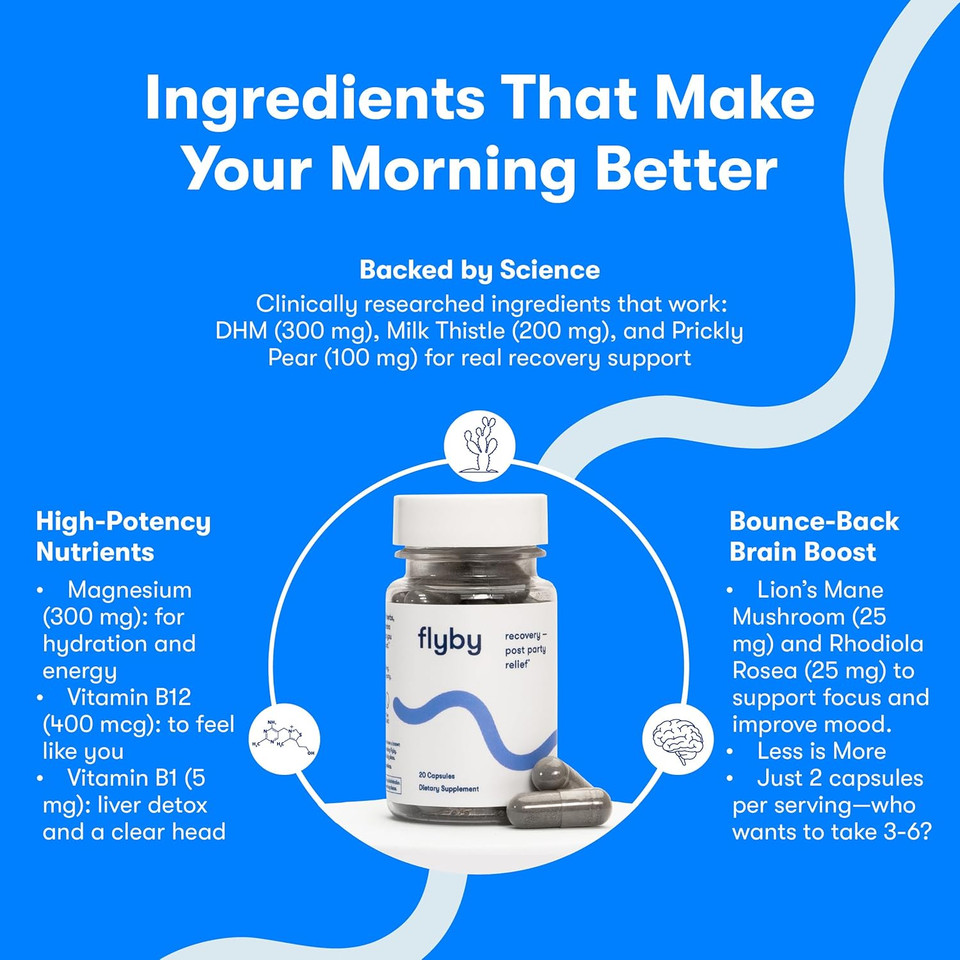 Flyby Recovery Supplement - All The Hang, Without The Over! - With Milk Thistle, Vitamin C, Activated Charcoal, And Apple Cider Vinegar - Pre & Post Drinking Formula (80 Count)