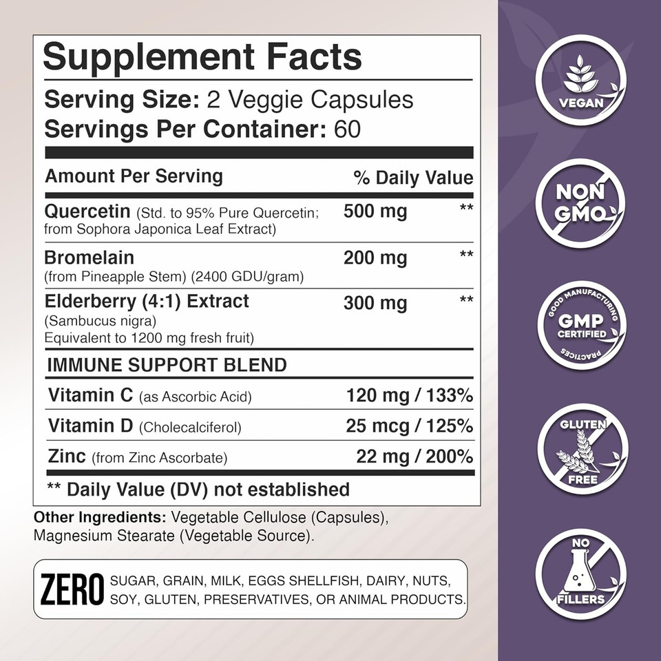 Gade Nutrition Quercetin With Bromelain & Elderberry | Quercetin With Vitamin C And Zinc | Zinc Quercetin 500Mg With Vitamin D3 | Daily Immune Support Supplement - 6 Months Supply