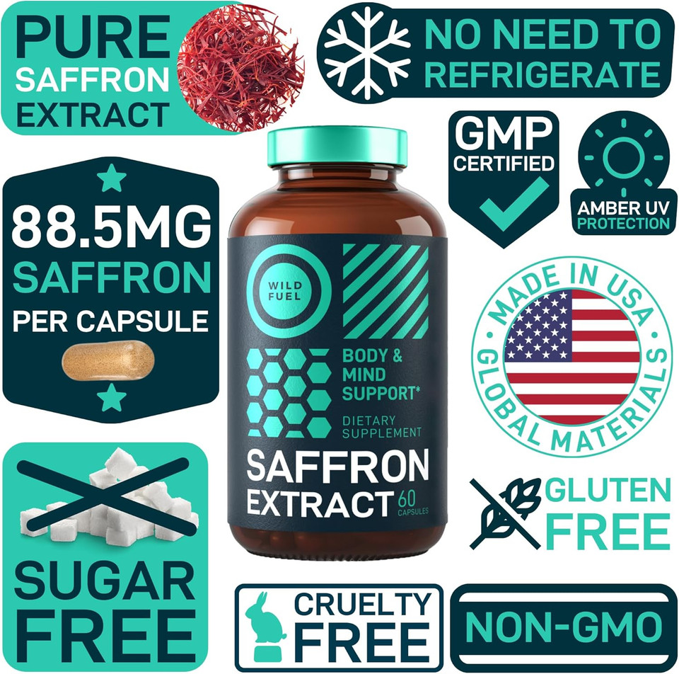 Wild Fuel Pure Saffron Extract Antioxidants Supplement - Eye Health, Energy And Mood Support Happy Saffron - 0.3% Safranal 88.5Mg Supplements -120 Day Gluten-Free, Non-Gmo Vegan Saffron Capsules