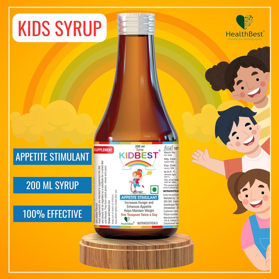 Kidbest Appetite Stimulant Syrup For 3-13 Yrs Kids | Increase Hunger | Helps Maintain Weight | Gluten Free | L-Lysine Hci,Vitamins B1,B2,B6,B12 | 200 Ml