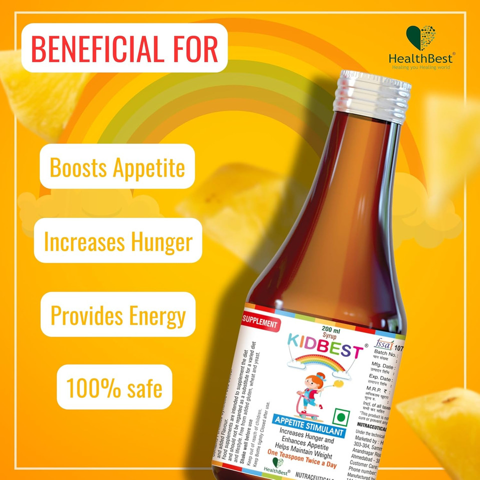 Kidbest Appetite Stimulant Syrup For 3-13 Yrs Kids | Increase Hunger | Helps Maintain Weight | Gluten Free | L-Lysine Hci,Vitamins B1,B2,B6,B12 | 200 Ml