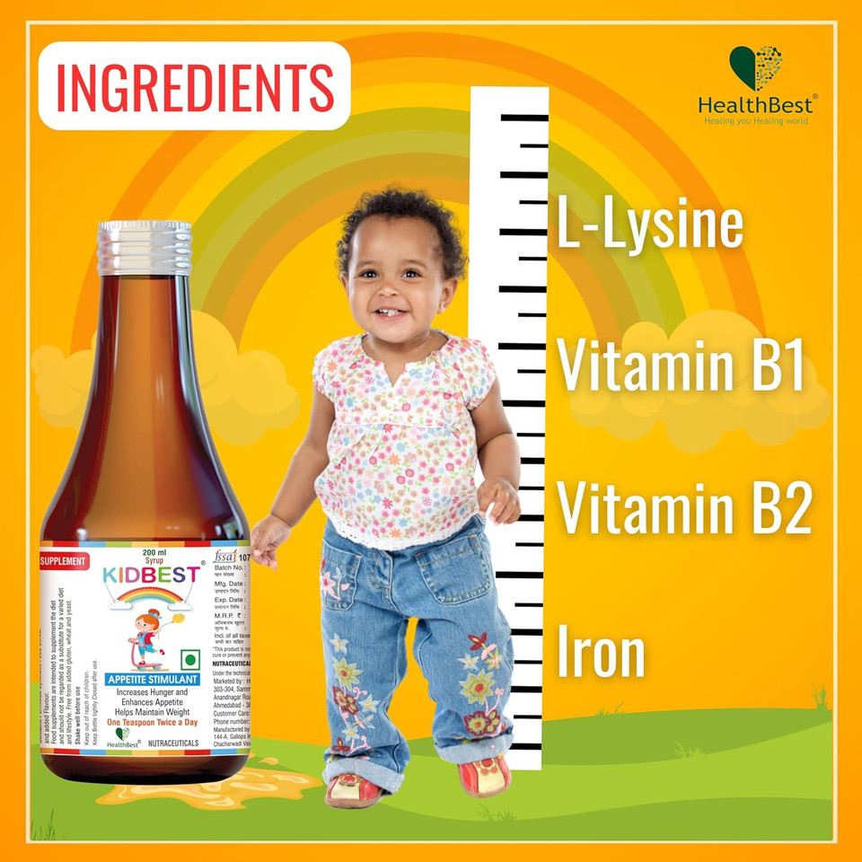 Kidbest Appetite Stimulant Syrup For 3-13 Yrs Kids | Increase Hunger | Helps Maintain Weight | Gluten Free | L-Lysine Hci,Vitamins B1,B2,B6,B12 | 200 Ml