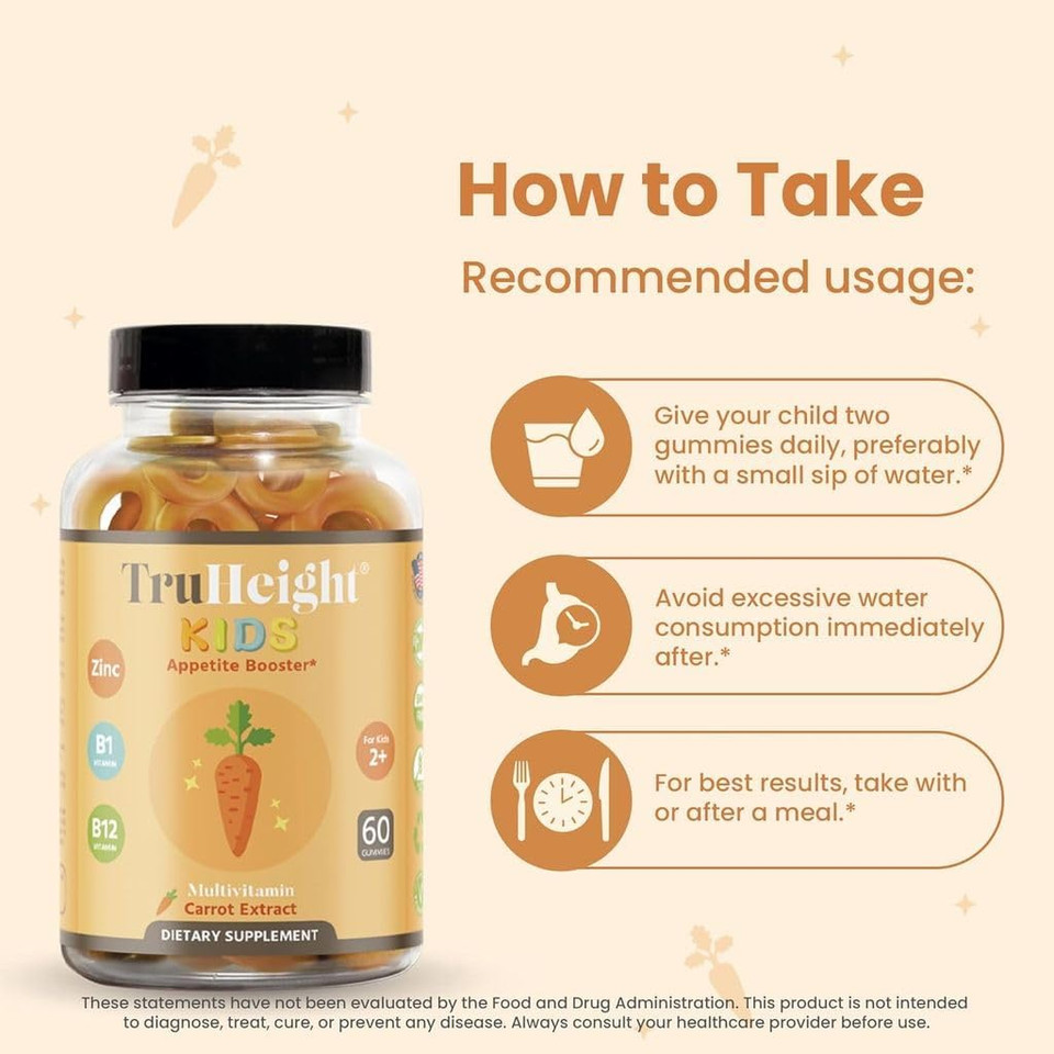 Truheight Kids Appetite Booster Gummies (Ages 2+) All Natural Toddler, Kids & Teens Appetite Stimulant To Eat More - Weight Gain Supplements - Vitamins For Underweight Children - Picky Eater Vitamin