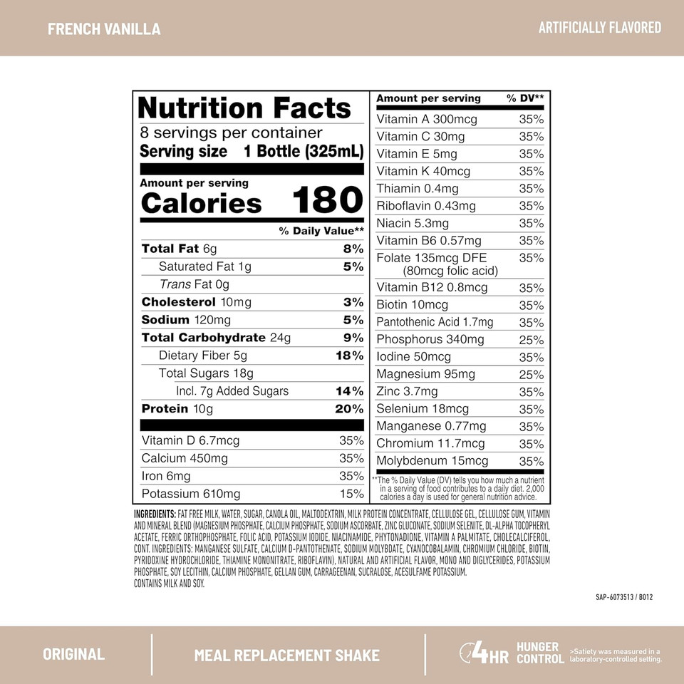 Slimfast Meal Replacement Shake, Original French Vanilla, 10G Of Ready To Drink Protein For Weight Loss, 11 Fl. Oz Bottle, 8 Count