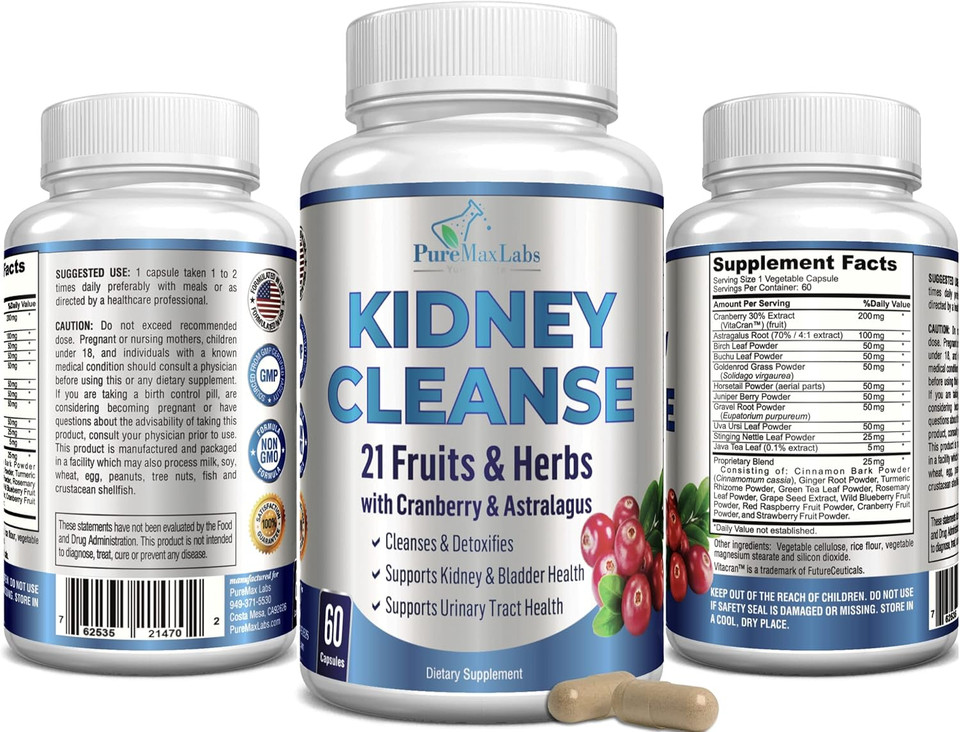 Herbal Kidney Cleanse With Cranberry Extract, Astralagus - 21 Fruits & Herbs - Detox & Cleanse Urinary Tract & Bladder Health, Kidney Support, 60 Vegan Capsules
