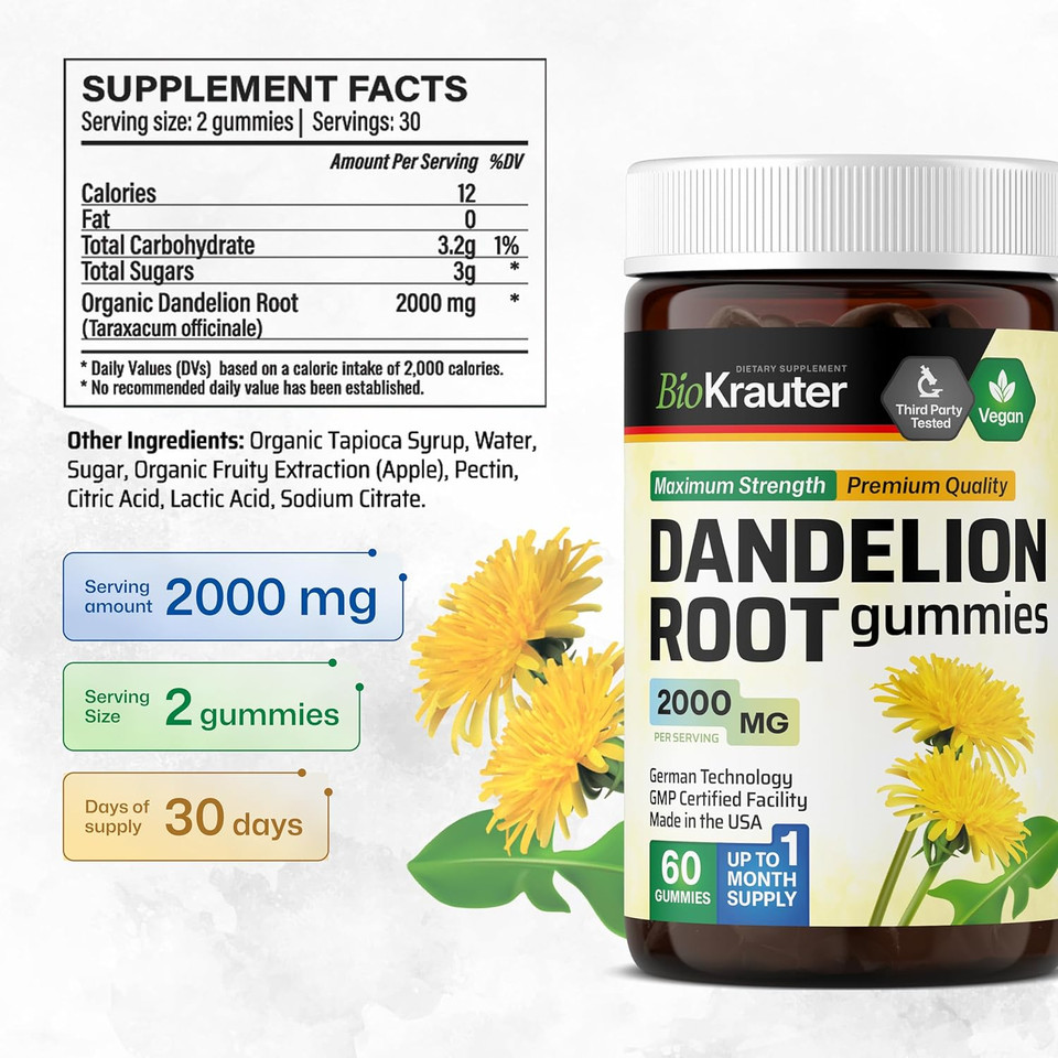 Bio Krauter Dandelion Root Gummies 2000 Mg - 60 Dandelion Root Supplement Chews - Vegan Digestive & Liver Support - Vegan, Gelatine-Free Formula