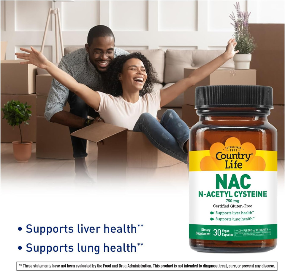 Country Life N-Acetyl Cysteine (Nac) 750 Mg  Premium Liver Support And Lung Health Supplement  Powerful Antioxidant Protection, Liver Detox & Cleanse, Immune Support, 30 Vegetarian Capsules