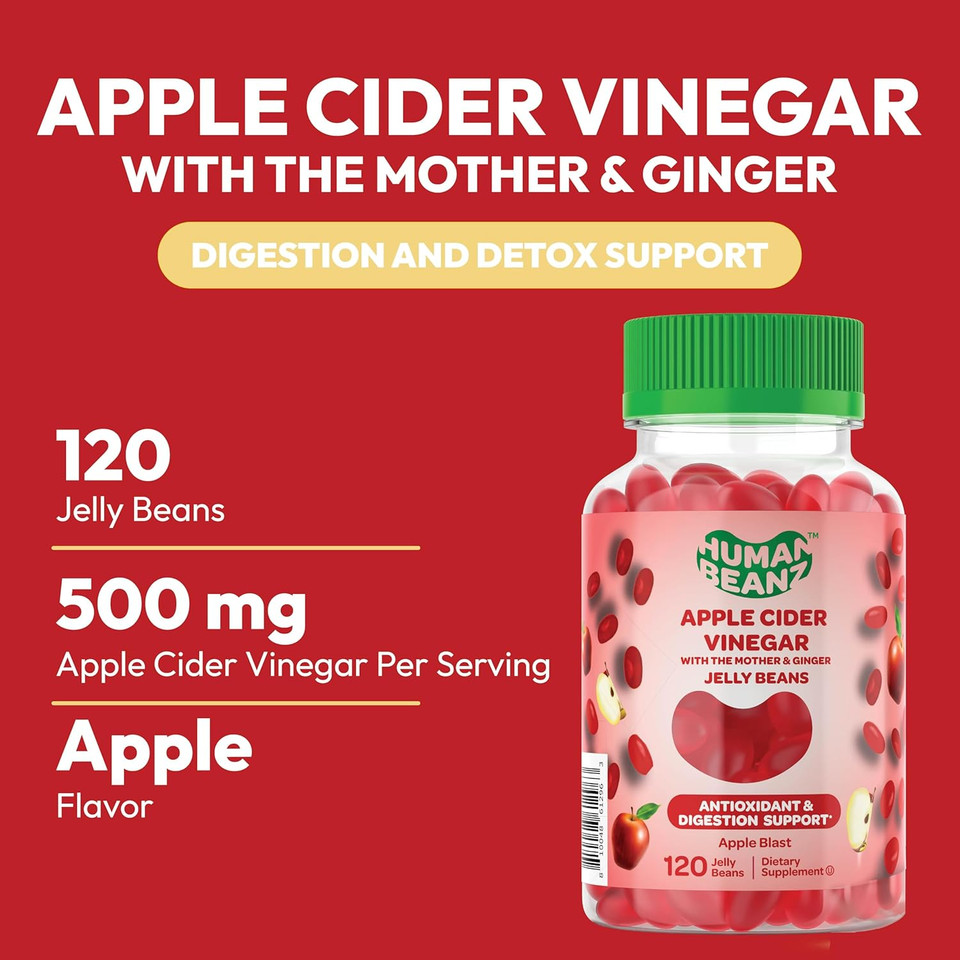 Apple Cider Vinegar Jelly Bean Gummies With The Mother And Ginger, Vegetarian Dietary Supplements For Men And Women, Digestive Health Support, 120 Apple Blast Jelly Beans, Kosher