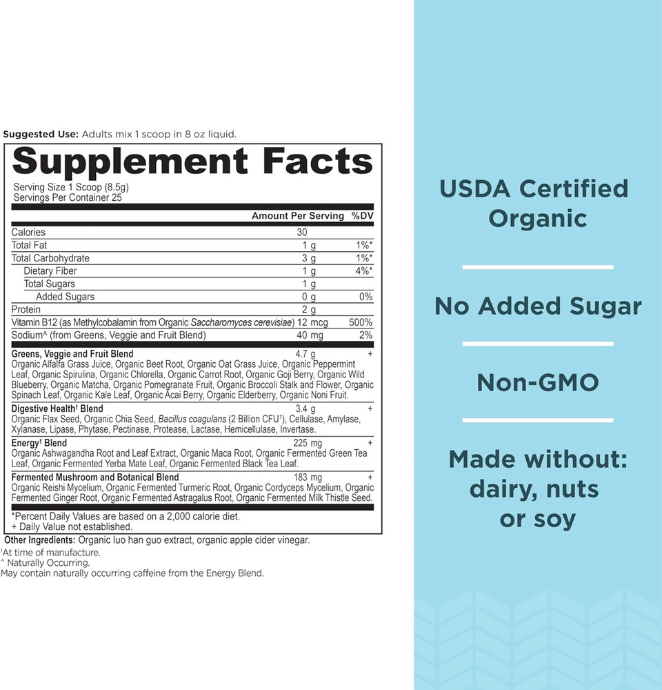 Organic Supergreens Energizer Powder With Probiotics And B12 By Ancient Nutrition, Made From Real Fruits, Vegetables And Herbs, For Digestive, Detoxification And Energy Support, 25 Servings