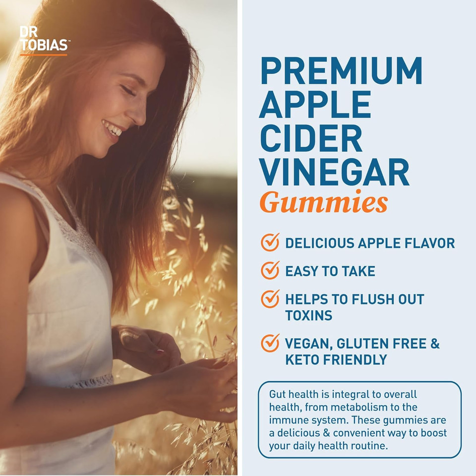 Dr. Tobias Apple Cider Vinegar Gummies, Includes 500 Mg Apple Cider Vinegar With Mother, Folate, B12 & Iodine, Supports Gut Health, Cleanse & Detox, Vegan, Gluten-Free, 120 Gummies