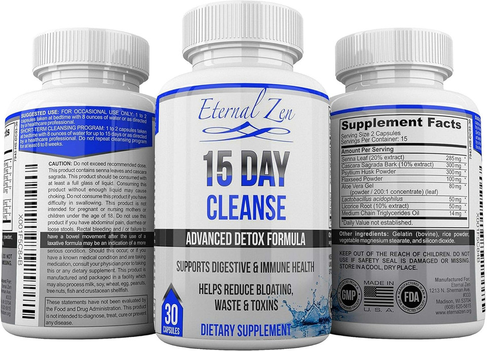 Eternal Zen 15 Day Colon Cleanser Detox With Extra Strength Herbs, Senna Is A Fast Acting Natural Laxative For Constipation Relief - Whole Body Cleanse - 30 Capsules