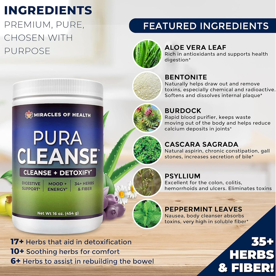 Pura Cleanse - The Original & Authentic Formula | 100% Natural Super Herb & Fiber Drink Mix For A Healthy Gut | Daily Detox & Cleanse For The Colon, Skin, Lungs And Kidneys | 16 Oz