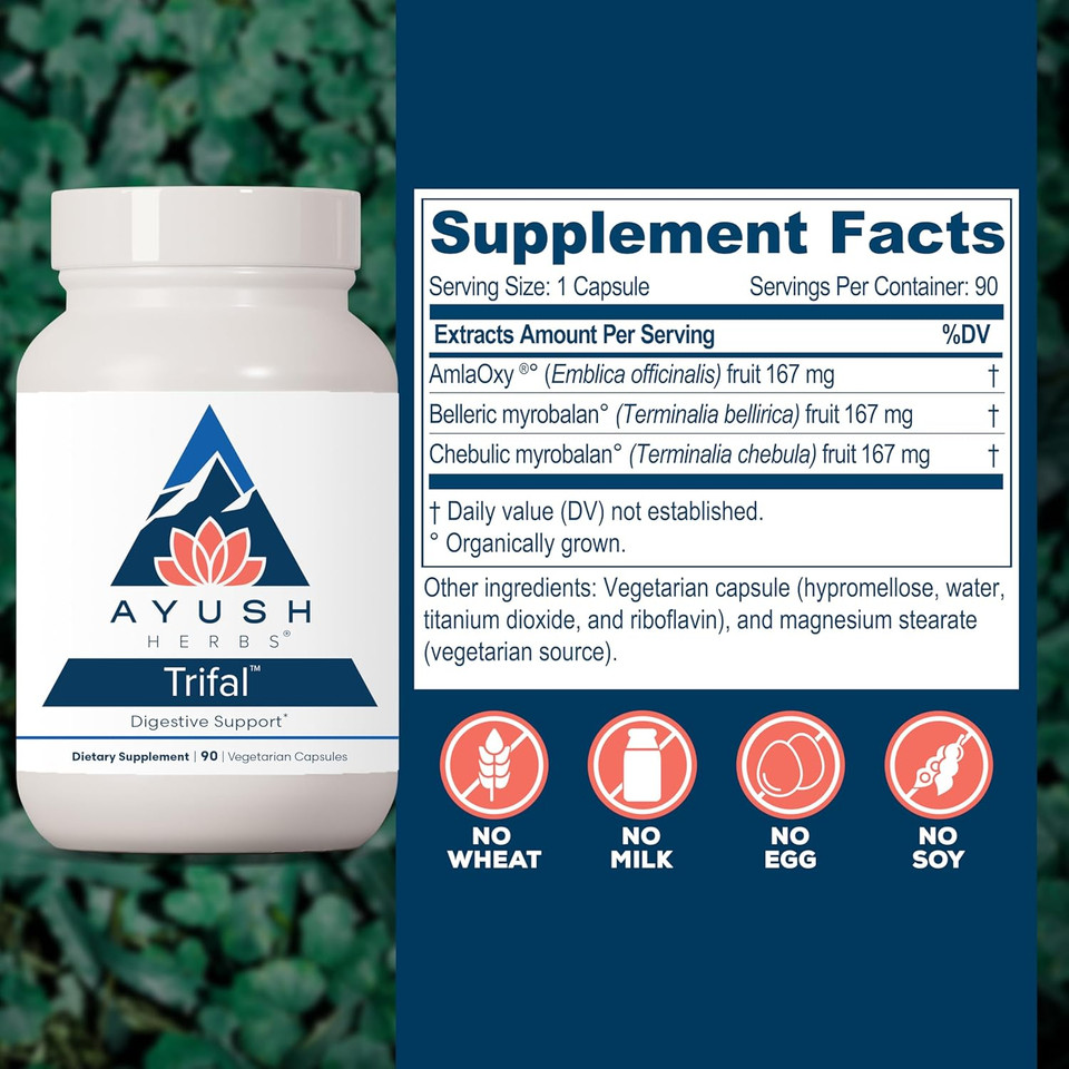 Ayush Herbs Trifal Digestive Support With Amla - Triphala Supplement For Women & Men, Promotes Balanced Digestion, Antioxidant Rich, Made With Organic Ingredients - 90 Vegetarian Capsules (1 Count)