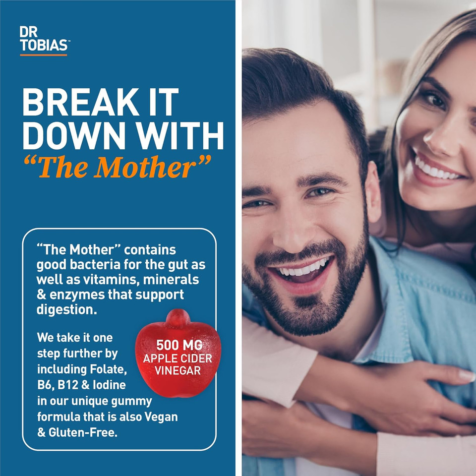 Dr. Tobias Apple Cider Vinegar Gummies, Includes 500 Mg Apple Cider Vinegar With Mother, Folate, B12 & Iodine, Supports Gut Health, Cleanse & Detox, Vegan, Gluten-Free, 60 Gummies