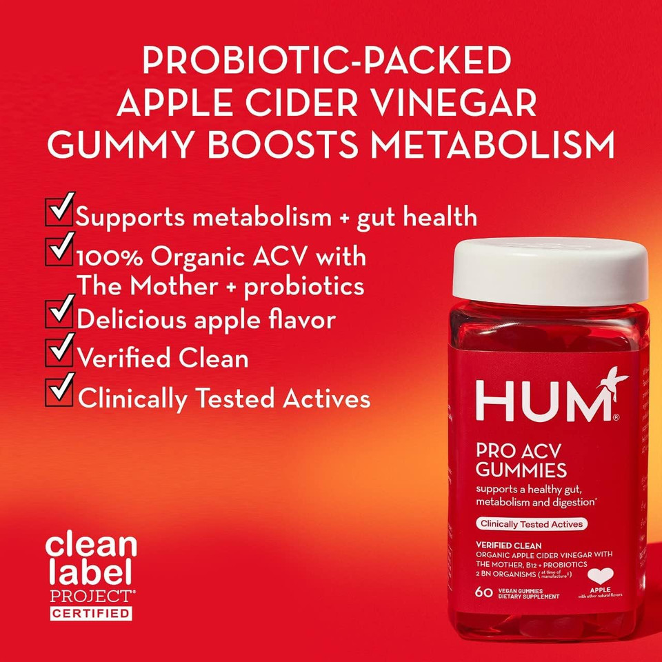 Hum Pro Acv Gummies -100% Organic Apple Cider Vinegar With The Mother, Probiotics For Digestive Health & B12 For Metabolism Support (60 Count)
