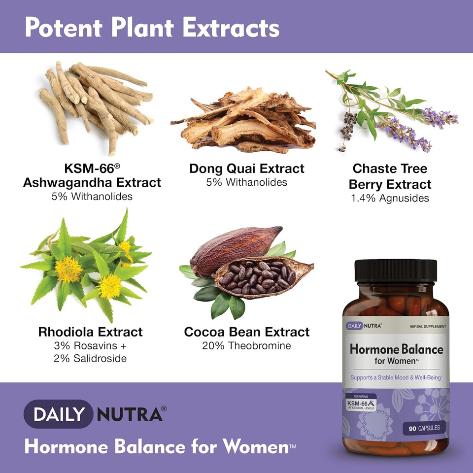Hormone Balance - Women'S Serotonin Supplement - Ksm-66 Ashwagandha, Dong Quai, Chaste Tree Berry, Rhodiola, & Cocoa Bean Extracts - For Female Hormones, Pms, Menopause (60 Capsules)