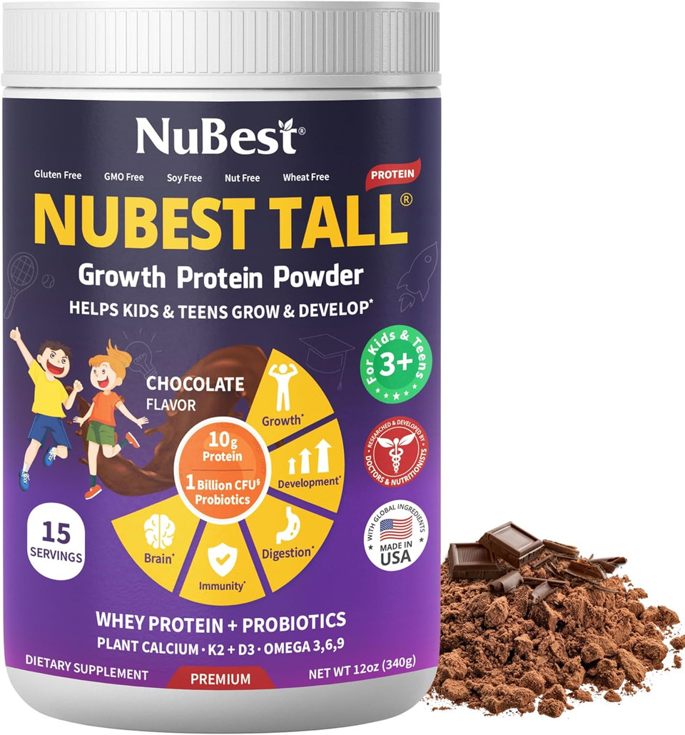 Nubest Tall Protein Powder For Kids & Teens - Whey Protein Powder - Chocolate Protein Powder Shake With Probiotics, Omega 3-6-9, Vitamin D3 + K2, Calcium, Vitamin - 15 Servings | 2 Week Supply