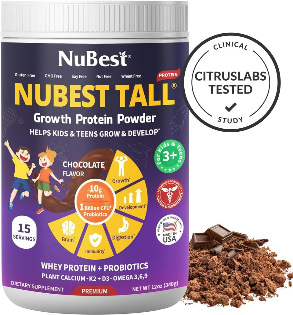 Nubest Tall Protein Powder For Kids & Teens - Whey Protein Powder - Chocolate Protein Powder Shake With Probiotics, Omega 3-6-9, Vitamin D3 + K2, Calcium, Vitamin - 15 Servings | 2 Week Supply