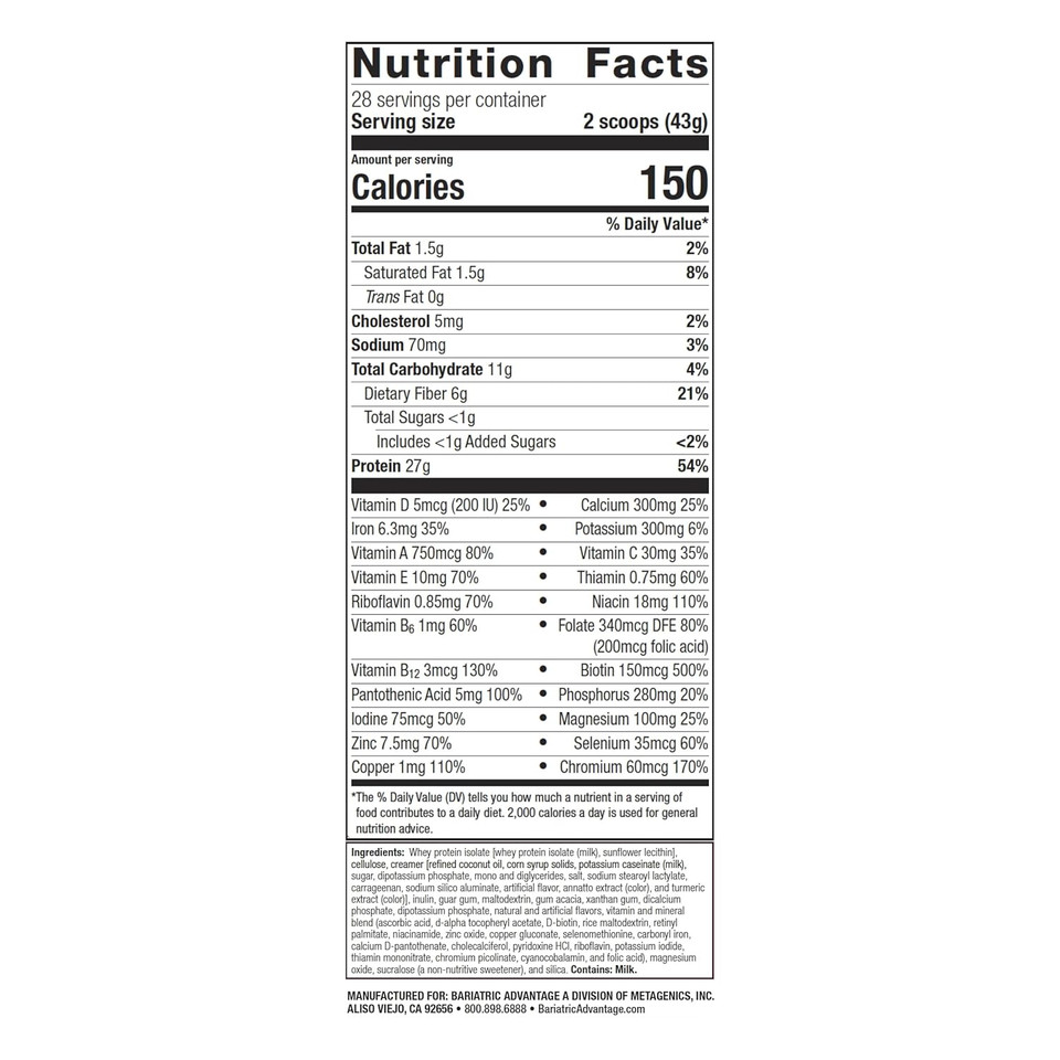 Bariatric Advantage High Protein Meal Replacement Drink Mix, Protein Powder Whey Isolate For Gastric Bypass And Sleeve Gastrectomy Patients, 27G Protein, Lactose Free - Vanilla - 28 Servings