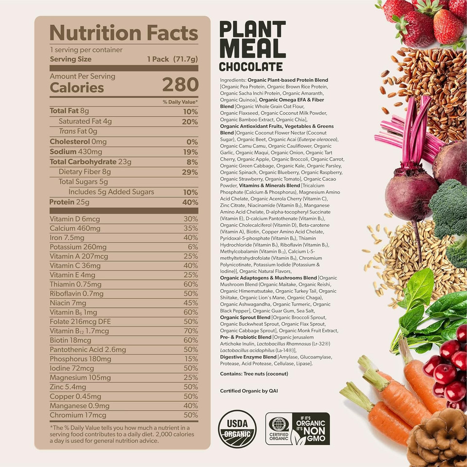 Plant Meal Replacement Shake - Chocolate - 25G Of Plant Based Vegan Protein Powder, 76+ Organic Superfoods, Vitamins & Minerals, Mushrooms, Super Greens, Digestive Enzymes & Probiotics - 1 Serving