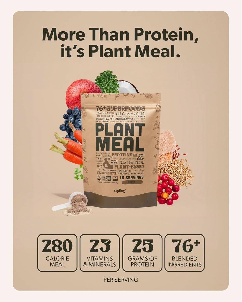 Plant Meal Replacement Shake - Chocolate - 25G Of Plant Based Vegan Protein Powder, 76+ Organic Superfoods, Vitamins & Minerals, Mushrooms, Super Greens, Digestive Enzymes & Probiotics - 15 Servings
