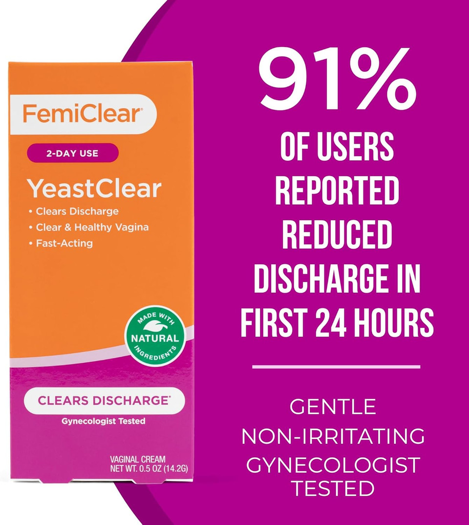 Femiclear Yeastclear Cream, Clears Discharge, Fast-Acting, Made With Natural Ingredients, Gynecologist Tested, 0.5Oz Cream