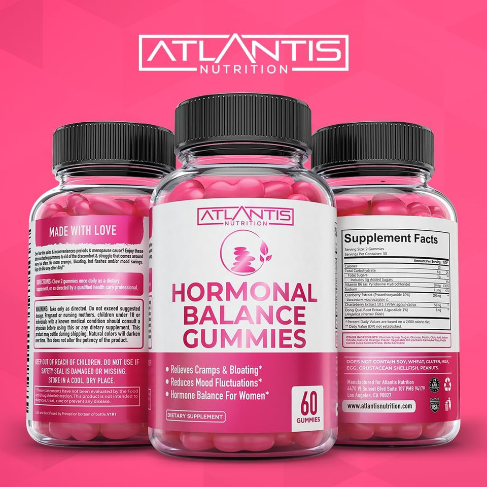 Atlantis Nutrition Hormonal Balance For Women & Pms Relief Gummies - Alleviates Cramps, Bloating, Mood Swings, Hot Flashes & Night Sweats - Cranberry, Dong Quai & Chasteberry Menstrual Cramp Relief