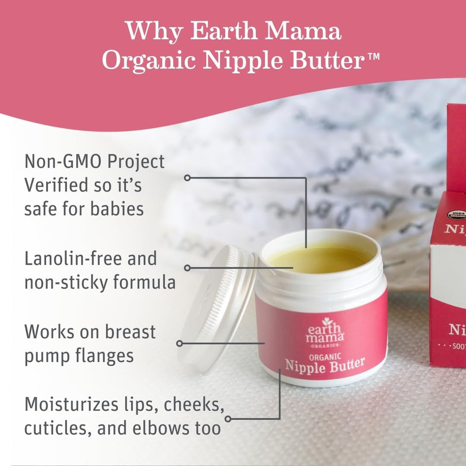 Earth Mama Organic Nipple Butter | Nipple Cream Safe For Breastfeeding | Postpartum Essentials For Nursing | Non Lanolin Nipple Cream, 2-Fluid Ounce Earth Mama Organic Nipple Butter | Nipple Cream Safe For Breastfeeding | Postpartum Essentials For Nursing | Non Lanolin Nipple Cream, 2-Fluid Ounce
