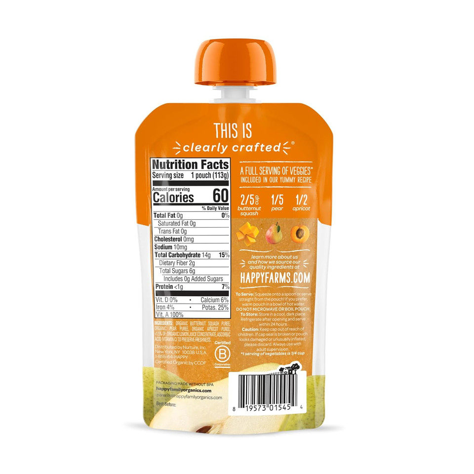Happy Baby Organics Stage 2 Baby Food Pouches With One Full Serving Of Veggies, Nutritious Snack, Clearly Crafted Fruit & Veggie Puree, Squash, Mango, & Papaya, 4 Ounces
