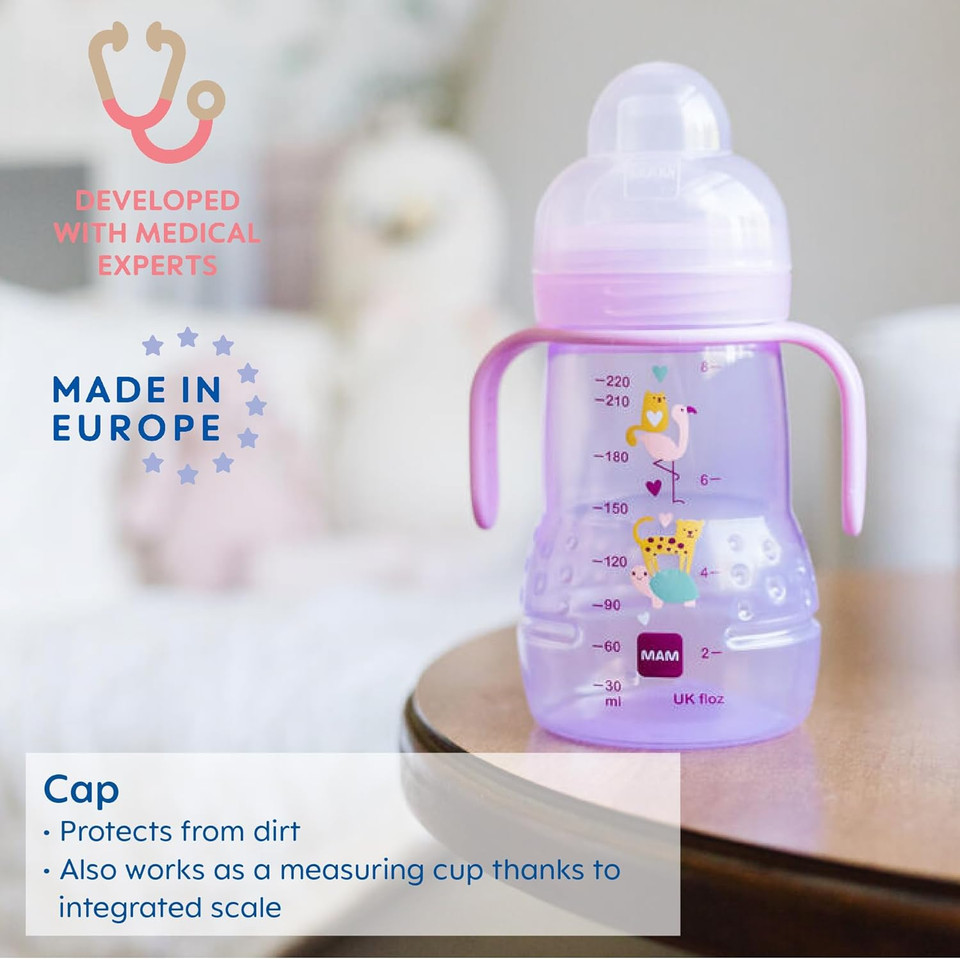 Mam Trainer Sippy Cup For Toddlers 1-3, 8 Oz. Transition Drinking Cup With Extra-Soft Spout, Spill-Free Nipple, And Non-Slip Handles, For Girls 4+ Months, 1 Count