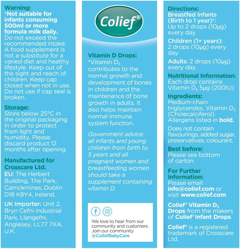 Colief Infant Digestive Aid Vitamin D3 Drops | Gas Drops For Babies | Suitable From Birth | Reduces Baby Colic, Tummy Bloating, Fussing & Crying | 90 Servings | 0.5 Fl Oz & 0.67 Fl Oz