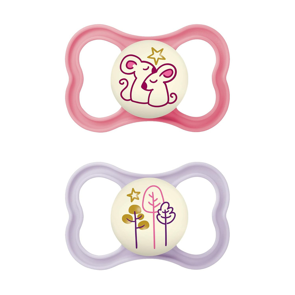 Mam Air Night Baby Pacifiers For Sensitive Skin, Glows In The Dark, 2 Count, 6-16 Months, Girl Mam Air Night Baby Pacifiers For Sensitive Skin, Glows In The Dark, 2 Count, 6-16 Months, Girl