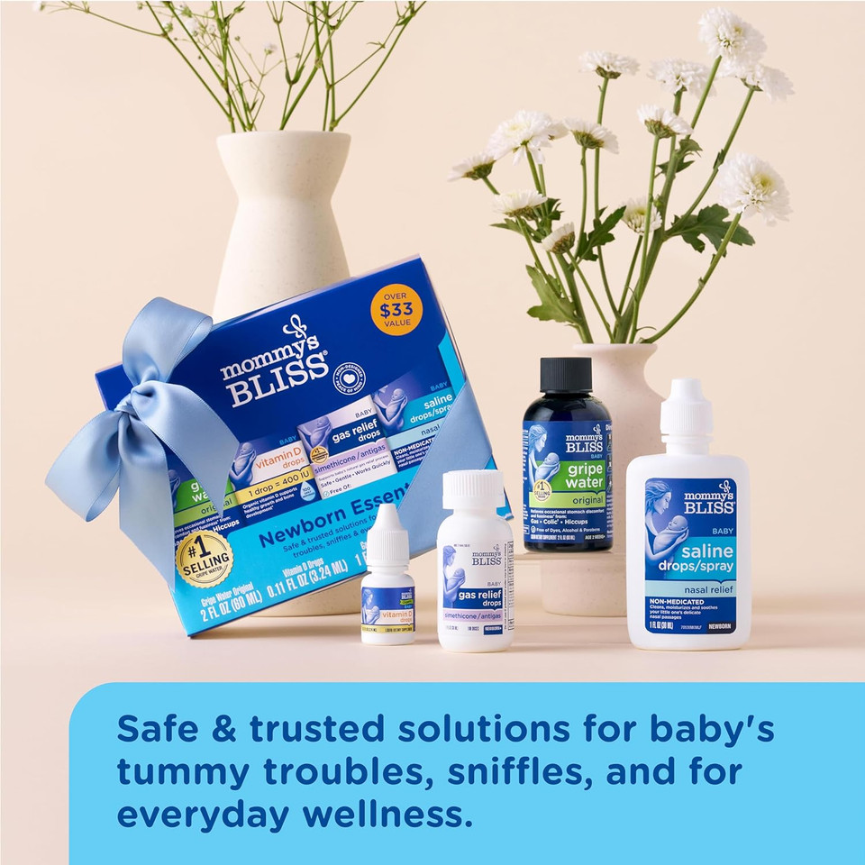 Mommy'S Bliss Newborn Essentials Gift Set, Includes Gripe Water, Baby Vitamin D/Gas Drops And Gentle Saline Drops/Spray Mommy'S Bliss Newborn Essentials Gift Set, Includes Gripe Water, Baby Vitamin D/Gas Drops And Gentle Saline Drops/Spray