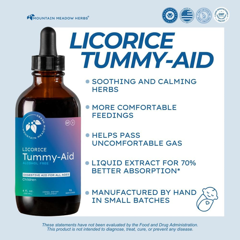 Mountain Meadow Herbs Licorice Tummy-Aid For Babies & Kids  Gas Relief Drops For Colic, Upset Stomach, Reflux & Bloating  Natural, Alcohol-Free Liquid Formula  4 Oz
