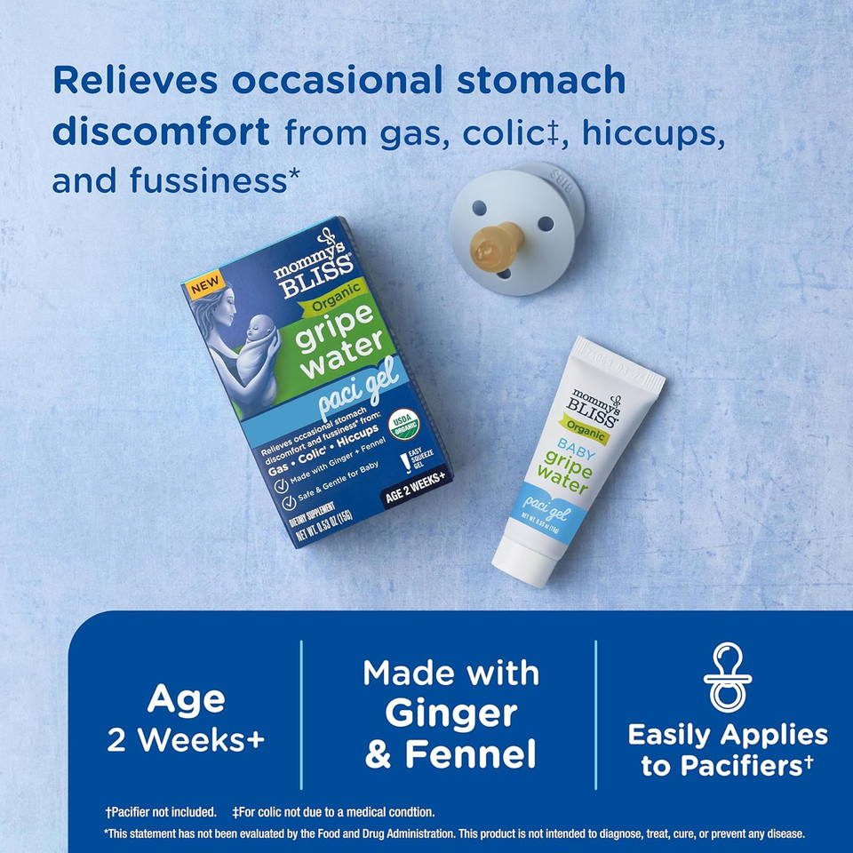 Mommy'S Bliss Organic Gripe Water Pacifier Gel For Newborns, Relieves Occasional Stomach Discomfort From Gas, Colic & Fussiness*, Age 2 Weeks +, 0.53 Oz (45 Servings) Mommy'S Bliss Organic Gripe Water Pacifier Gel For Newborns, Relieves Occasional Stomach Discomfort From Gas, Colic & Fussiness*, Age 2 Weeks +, 0.53 Oz (45 Servings)
