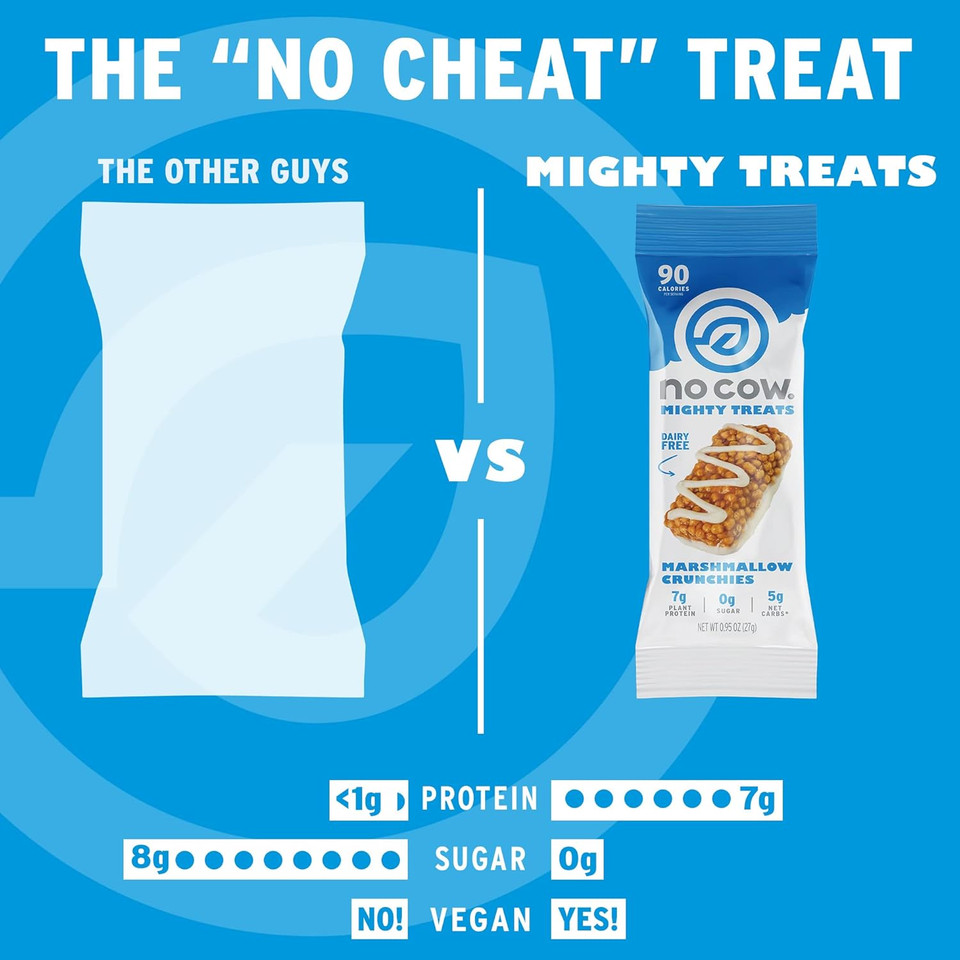 No Cow Mighty Treats, Marshmallow Crunchies, 7G Plant Based Vegan Protein, Keto Friendly Snacks, Low Sugar, Low Carb, Low Calorie, Gluten Free, Naturally Sweetened, Dairy Free, Non Gmo, Kosher, 18 Count