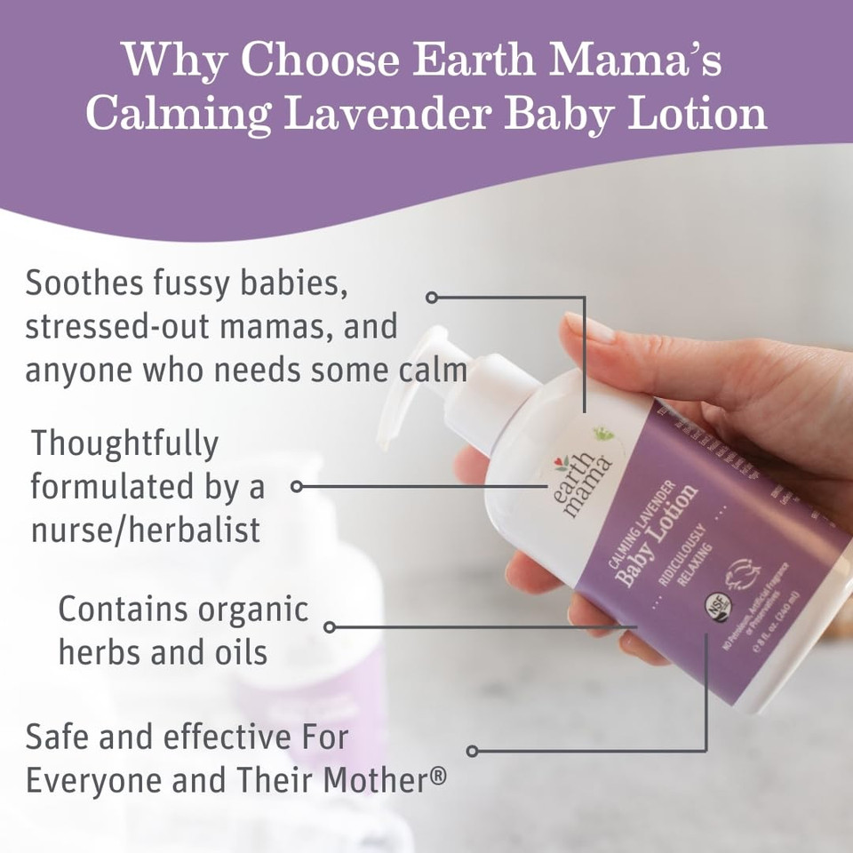 Earth Mama Calming Lavender Baby Lotion For Dry Skin, Calendula Cream For Newborn Skin Care, Organic Moisturizer For Children, Aloe Juice, Rooibos, & Shea Butter, Lavender Lotion, 8 Fl Oz (2Pk) Earth Mama Calming Lavender Baby Lotion For Dry Skin, Calendula Cream For Newborn Skin Care, Organic Moisturizer For Children, Aloe Juice, Rooibos, & Shea Butter, Lavender Lotion, 8 Fl Oz (2Pk)