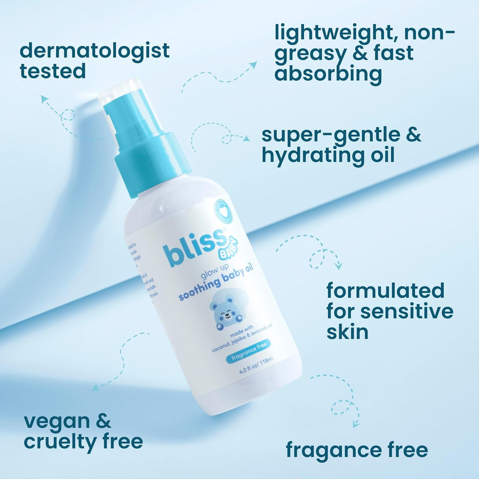 Bliss Baby Oil, All Natural, Premium & Unscented, Vegan - Made With Organic Avocado Oil, Coconut Oil, Dermatologist Tested, Soothing & Hydrating Baby Massage Oil, Travel Size 4 Fl. Oz