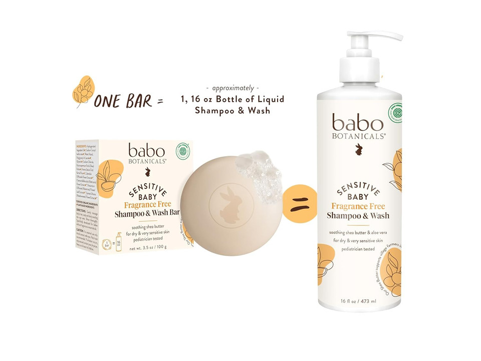 Babo Botanicals Sensitive Baby Fragrance-Free 2-In-1 Shampoo & Wash Bar - Shea Butter, Calendula & Aloe Vera - Ewg Verified - Cruelty-Free - Vegan - Pediatrician Tested - For Babies & Kids