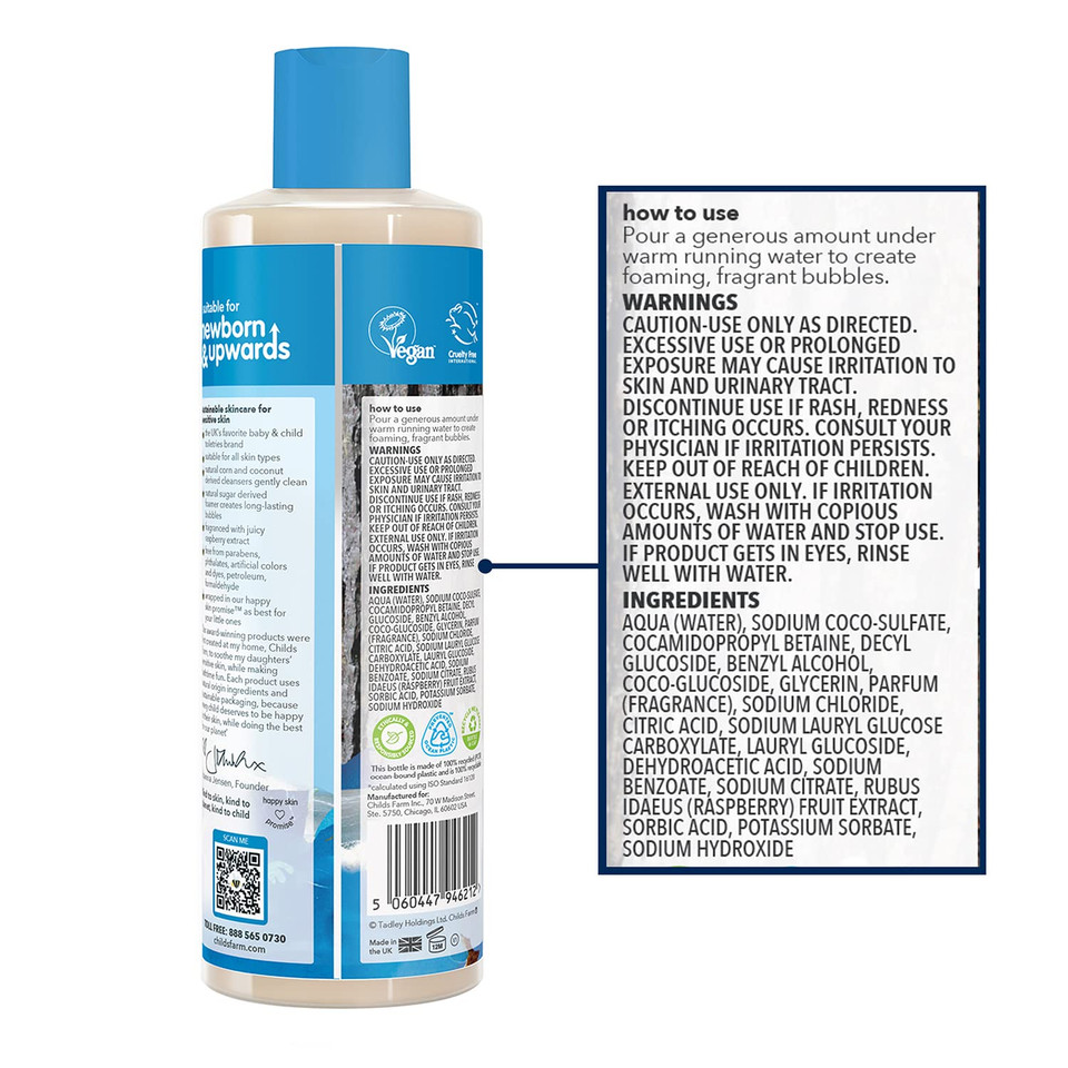 Childs Farm, Kids Bubble Bath For Dry, Sensitive Skin, Organic Raspberry, Gently Cleanses & Soothes, Vegan, Cruelty-Free, 16.9 Fl Oz