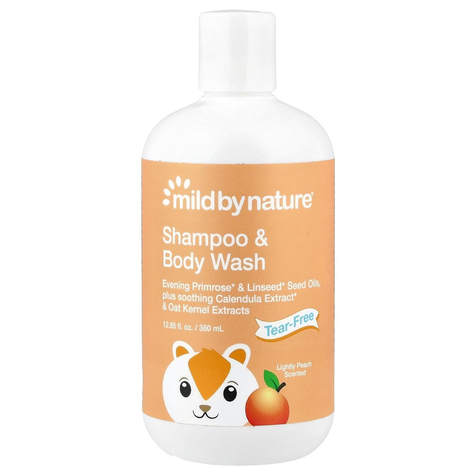 Tear-Free Baby Shampoo & Body Wash By Mild By Nature - For All Skin Types - With Soothing Evening Primrose Oil Plus Calendula Extract - Paraben & Sulfate Free - Peach Scent - 12.85 Fl Oz (380 Ml)