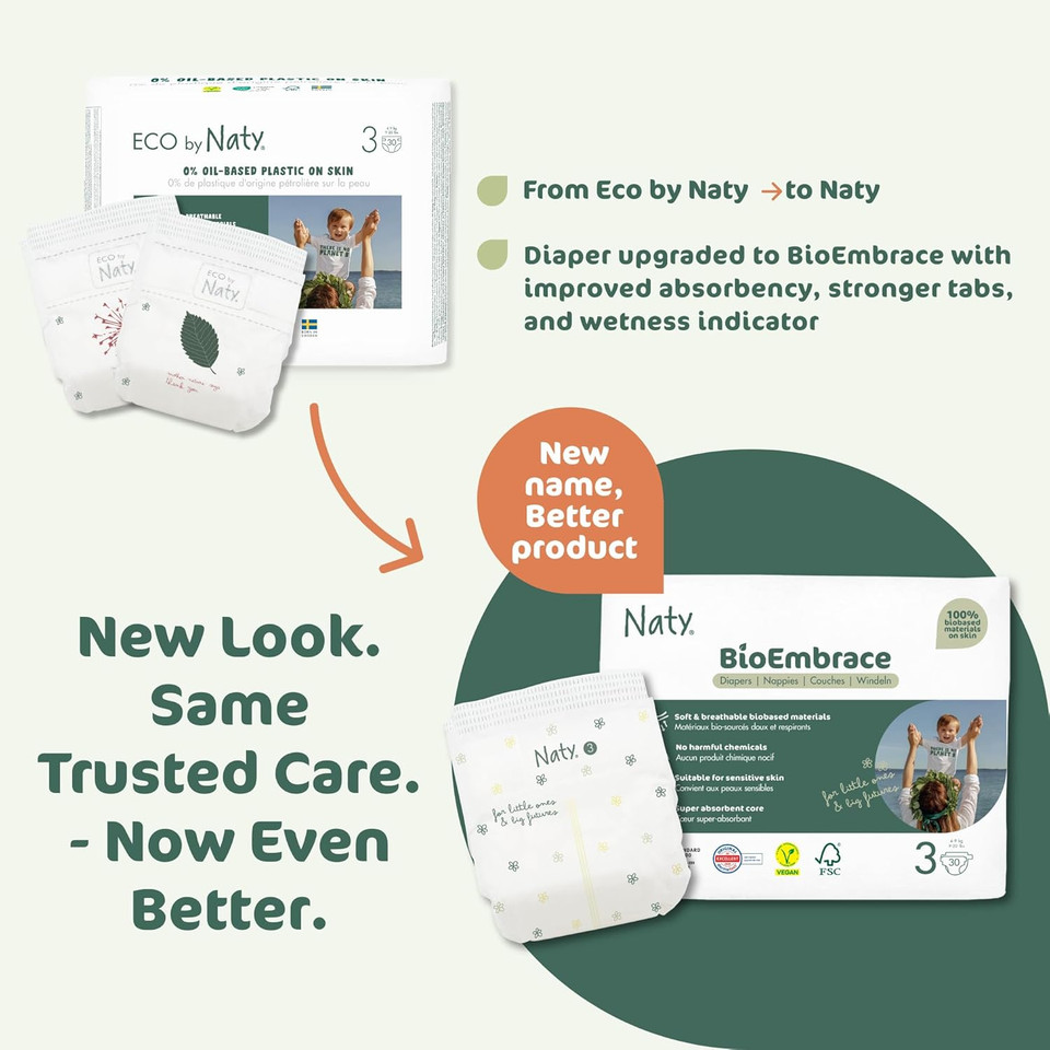Naty Bioembrace Baby Diapers Size 3 (920 Lbs) | 100% Biobased On Skin | Plant-Based Softness | Dermatologically Tested, Super Absorbent | 100 Count