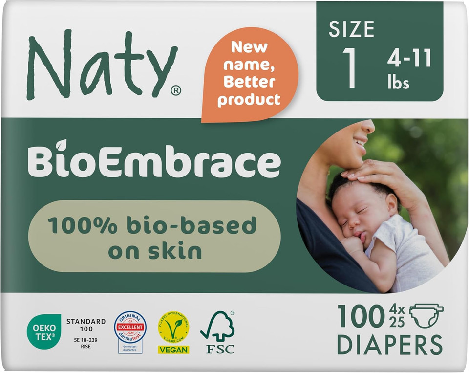 Naty Bioembrace Baby Newborn Diapers Size 1 (411 Lbs) | 100% Biobased On Skin | Plant-Based Softness | Dermatologically Tested, Super Absorbent | 100 Count